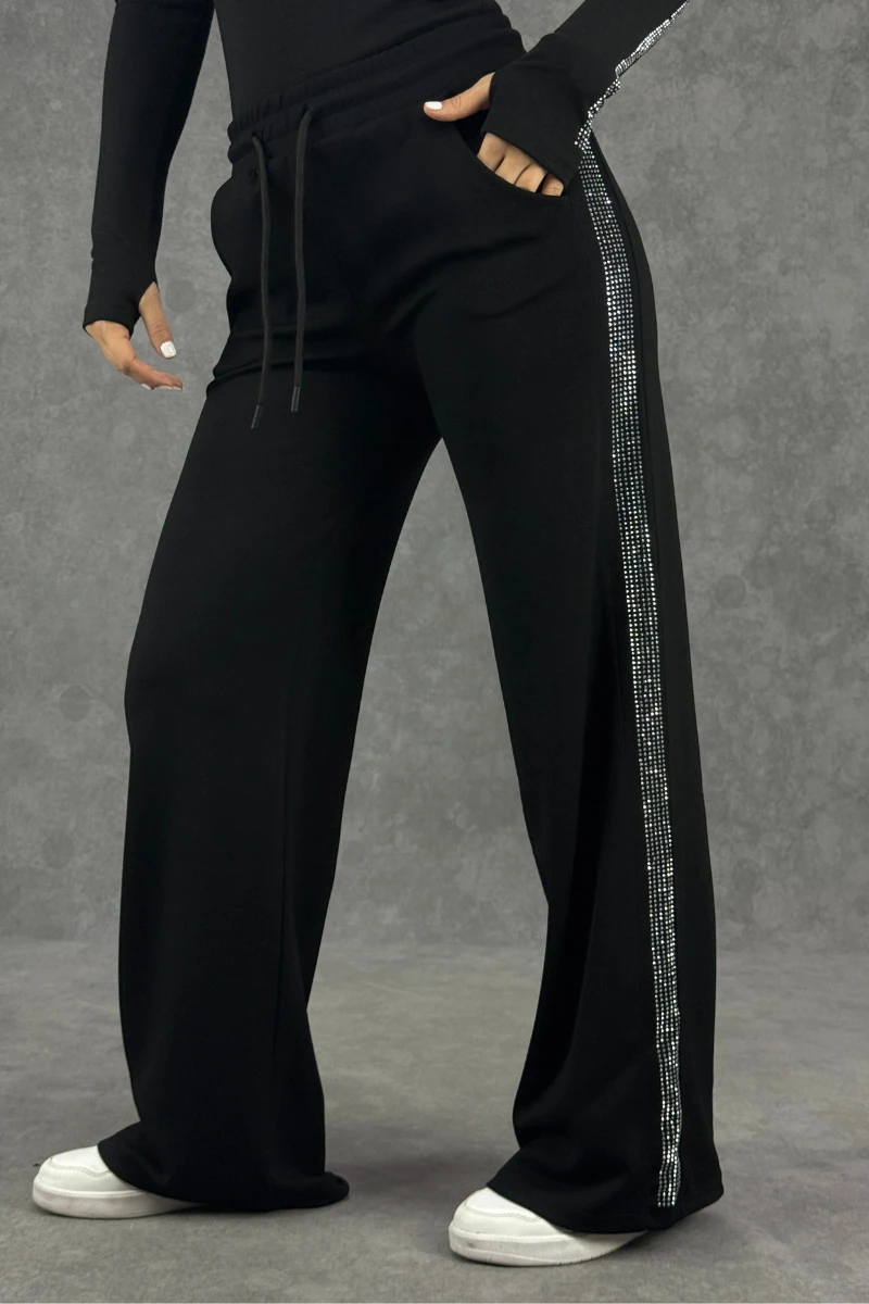 MODAL tek alt yan taş detaylı eşofman - SİYAH