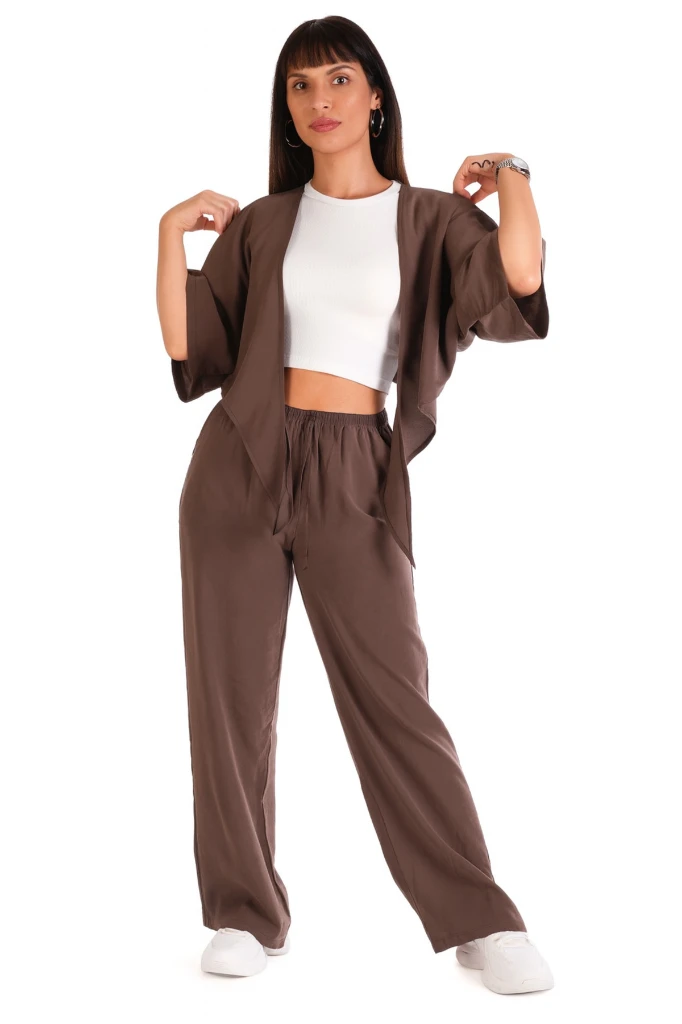 MODAL CROP BALERO ÜÇLÜ KOMBIN - KAHVERENGİ