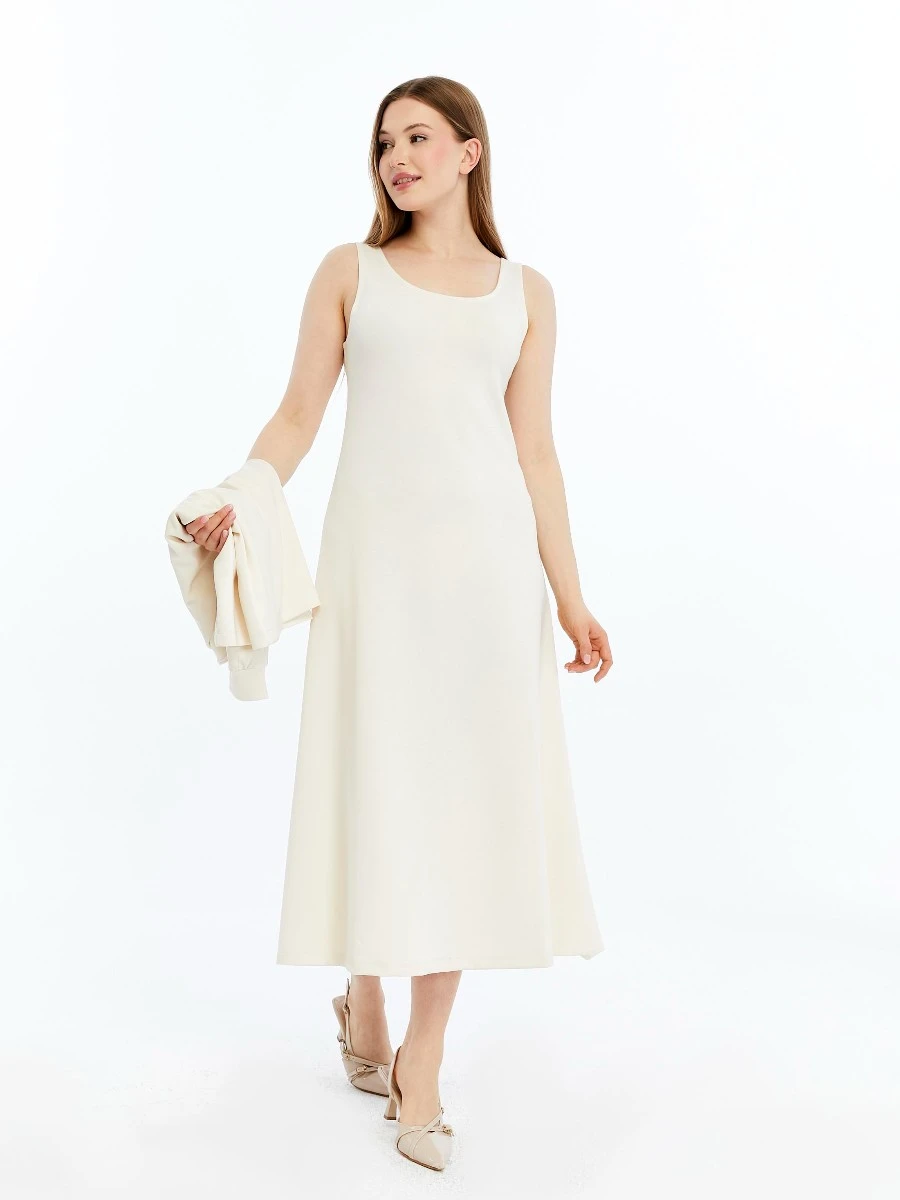 GENÇ BÜYÜK BEDEN İTHAL MODAL ELBİSE  - EKRU