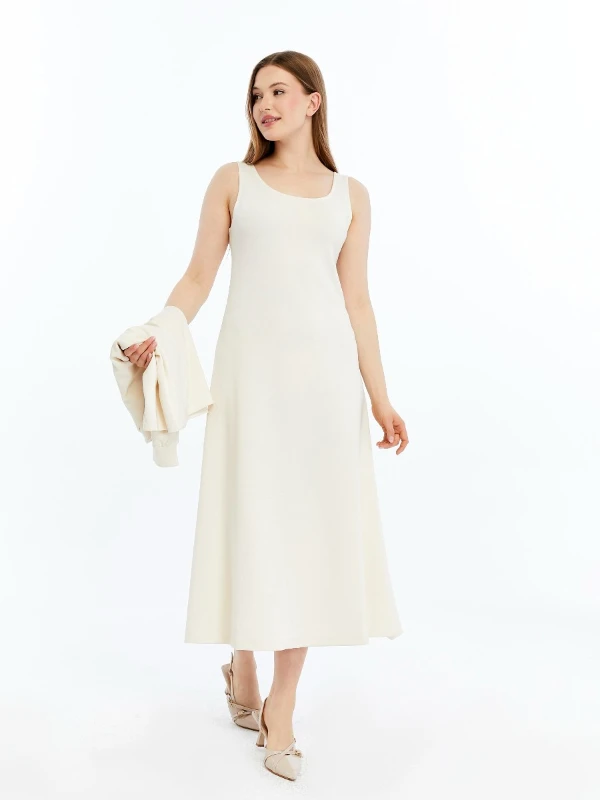 GENÇ BÜYÜK BEDEN İTHAL MODAL ELBİSE  - EKRU